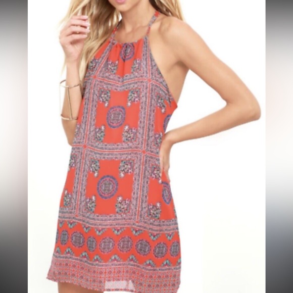Lulus Dresses & Skirts - LuLu’s Social Philosophy Coral Red Boho Print Halter Back Tie Mini Dress•X-Small